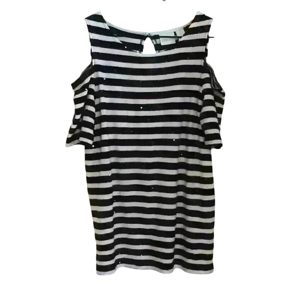 Chicos Womens Sequin Striped Cold Shoulder Knit Top Size S Black White Glam